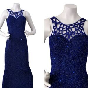 Vintage women’s SCALA blue SILK  Beaded Art Deco Sleeveless maxi gown dress xxl
